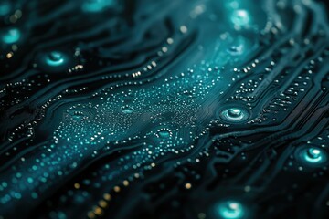Aufkleber - Close-up of a circuit board with water droplets, showcasing intricate electronic pathways and glowing components.