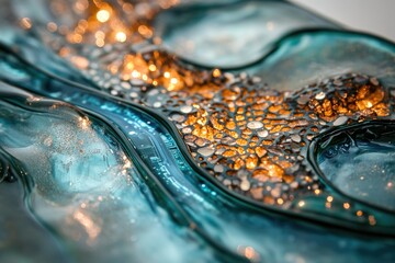 Poster - Close-up of an illuminated glass artwork featuring teal and gold, resembling a flowing river.