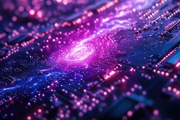 Poster - Abstract close-up of a circuit board glowing with vibrant pink and blue light, showcasing intricate technological details.