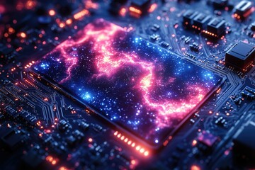 Poster - A cosmic nebula displayed on a computer circuit board, symbolizing the vastness of data and processing power.