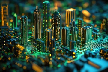 Poster - A futuristic city built on a circuit board, symbolizing technological integration and urban development.