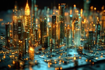 Poster - Futuristic cityscape built on a circuit board, glowing with vibrant lights, representing technological advancement and urban development.