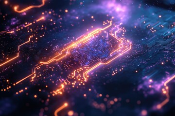 Poster - Abstract digital artwork depicting glowing circuit board pathways, representing technological innovation and connectivity.