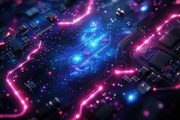 Leinwandbilder - A cosmic circuit board, glowing with pink and blue nebulae, symbolizes technological innovation and the vastness of data.