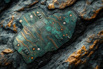 Fototapete - A weathered circuit board, reminiscent of ancient technology, rests embedded within a rough, rocky surface.