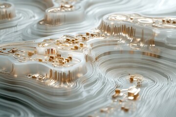 Poster - Abstract 3D render of a topographic landscape with gold circuitry, resembling a futuristic city or microchip.