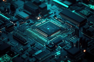 Aufkleber - Close-up view of a circuit board with a central processor, showcasing intricate technological details.