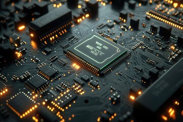 Fototapete - Close-up of a computer CPU integrated into a circuit board, showcasing intricate technological details.