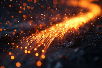 Poster - Glowing fiber optic strands resembling a fiery river flowing across a dark surface.