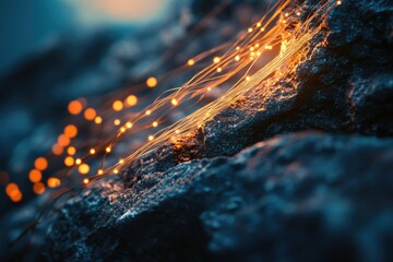 Aufkleber - Glowing wires on dark rocks, creating an abstract image of connectivity and energy.