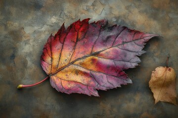 Aufkleber - A vibrant autumn leaf rests on a textured surface, accompanied by a smaller, dried leaf, showcasing the beauty of fall.