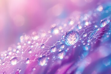 Aufkleber - Dewdrops glistening on a spiderweb, a vibrant purple and pink bokeh background.