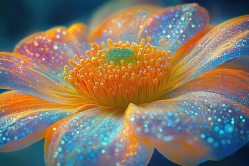 Aufkleber - A vibrant, iridescent flower with orange and blue hues, glistening with sparkling dew.