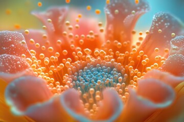Fototapete - Close-up of a vibrant, surreal flower with orange and teal petals and numerous spherical details.
