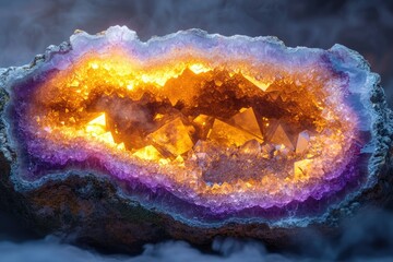 Poster - A geode's glowing interior reveals vibrant amethyst and citrine crystals, a captivating display of nature's artistry.