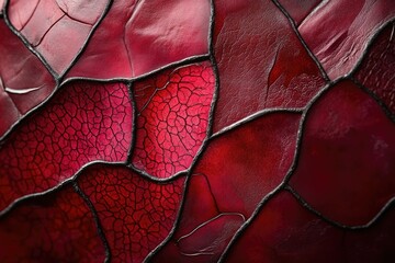 Fototapete - Abstract close-up of deep red cracked surface with black lines creating a mosaic-like pattern.