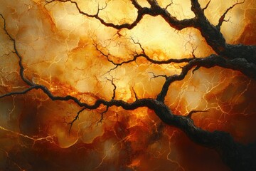 Aufkleber - A dark, gnarled tree branches against a fiery, textured orange and yellow sky, creating a dramatic and surreal scene.