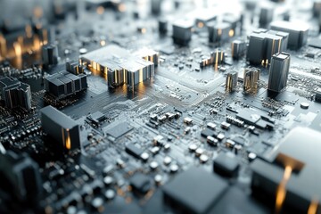 Poster - A detailed close-up of a complex circuit board, resembling a futuristic cityscape.
