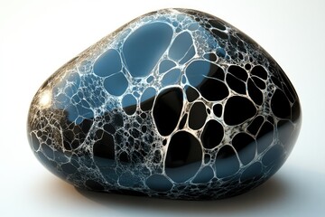 Aufkleber - A smooth, dark, pebble-like object with a unique, web-like pattern of white veins throughout its surface.
