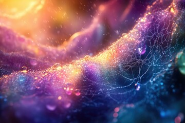 Aufkleber - A vibrant, colorful close-up of a spiderweb glistening with dew drops under a radiant light.