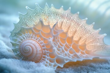 Aufkleber - Intricate, delicate seashell with a lattice-like structure rests on sand, showcasing nature's artistry.