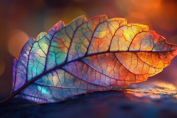 Poster - A vibrant autumn leaf, iridescent with sunset hues, showcasing intricate vein details.