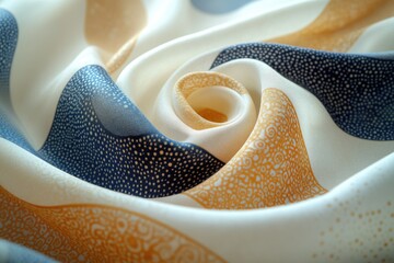 Poster - Cream silk fabric with navy and gold abstract patterns, swirling softly.