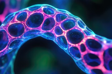 Poster - Abstract microscopic structure with vibrant pink and blue glowing network, resembling a complex biological system or futuristic technology.