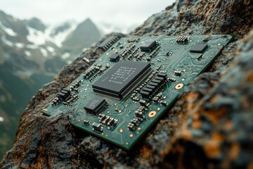 Poster - A circuit board rests on a mountaintop, showcasing technology's reach and the beauty of nature.