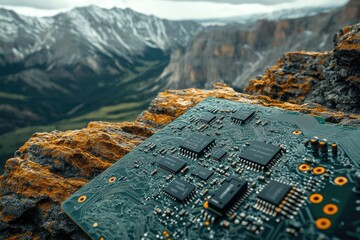 Fototapete - A circuit board rests on a rocky mountaintop overlooking a vast, snow-capped mountain range.