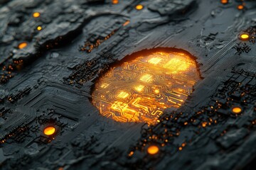 Poster - Glowing circuitry embedded within a dark, textured surface, resembling a futuristic technological landscape.