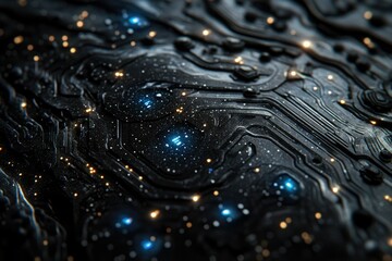Fototapete - Close-up of a futuristic, dark circuit board with glowing lights, resembling a technological galaxy.