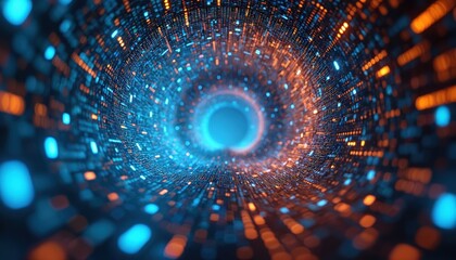 Abstract tech illustration futuristic data flow tunnel. Digital information stream, binary code, high-speed data transfer through cyberspace. Network connection, AI, cloud computing, innovations.