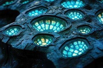 Aufkleber - A dark, textured surface with glowing turquoise hexagonal compartments, resembling an alien technology or futuristic architecture.