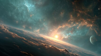 Wall Mural - A breathtaking view of a celestial sunrise, with swirling nebulae painting the sky in vibrant hues of teal and orange.