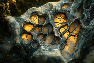 Poster - Intricate honeycomb rock formation with glowing amber interiors, a stunning natural marvel.