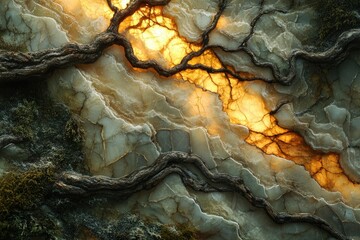 Aufkleber - Glowing amber veins in a stone, intertwined with dark, gnarled tree roots, creating a mystical scene.