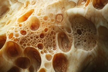 Poster - Close-up of a porous, bubbly, beige-brown textured surface resembling a sponge or foam.