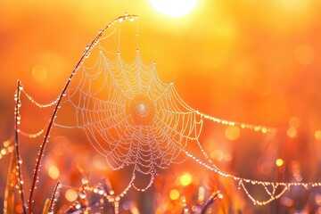 Poster - Dew-covered spiderweb at sunrise, glistening in the warm orange light.