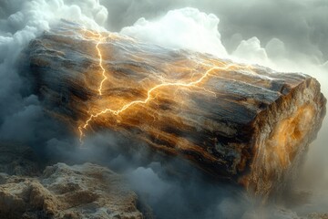 Poster - A petrified log, imbued with celestial energy, rests amidst ethereal clouds and rocks, showcasing a striking contrast of nature and power.