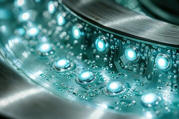 Aufkleber - Close-up of illuminated circuit board showcasing LED lights integrated into its design.