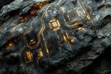 Fototapete - A glowing circuit board embedded within a rough, dark rock, suggesting technological integration with nature.