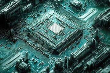 Fototapete - Close-up view of a complex circuit board, showcasing intricate details of microchips and electronic components.