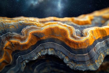 Aufkleber - Striking image of layered rock formation, resembling a cosmic landscape with vibrant orange and gray hues against a starry backdrop.
