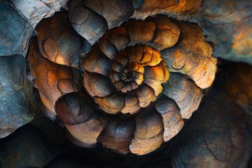 Poster - A mesmerizing spiral pattern formed by textured, dark-colored rock, exhibiting warm and cool tones.