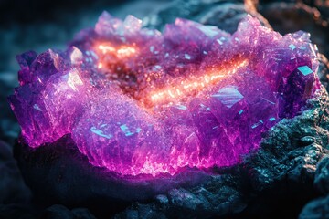 Poster - Vibrant purple and pink crystal cluster glows intensely, nestled in dark rock.