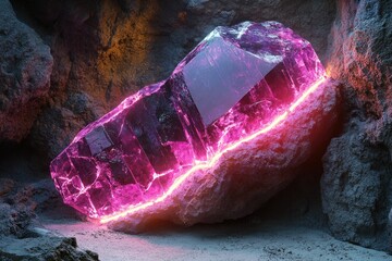 Aufkleber - A large, glowing purple crystal rests on a rough, dark rock, emitting a vibrant pink light.