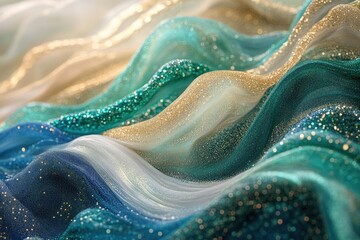 Fototapete - Abstract image of glittering fabric in shades of teal, gold, and white, resembling ocean waves.