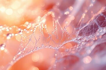 Poster - Dew-kissed spiderweb, delicate strands glistening in soft, peachy sunlight.