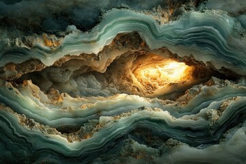 Poster - A mesmerizing digital artwork depicting a subterranean world with layered rock formations and a glowing entrance.